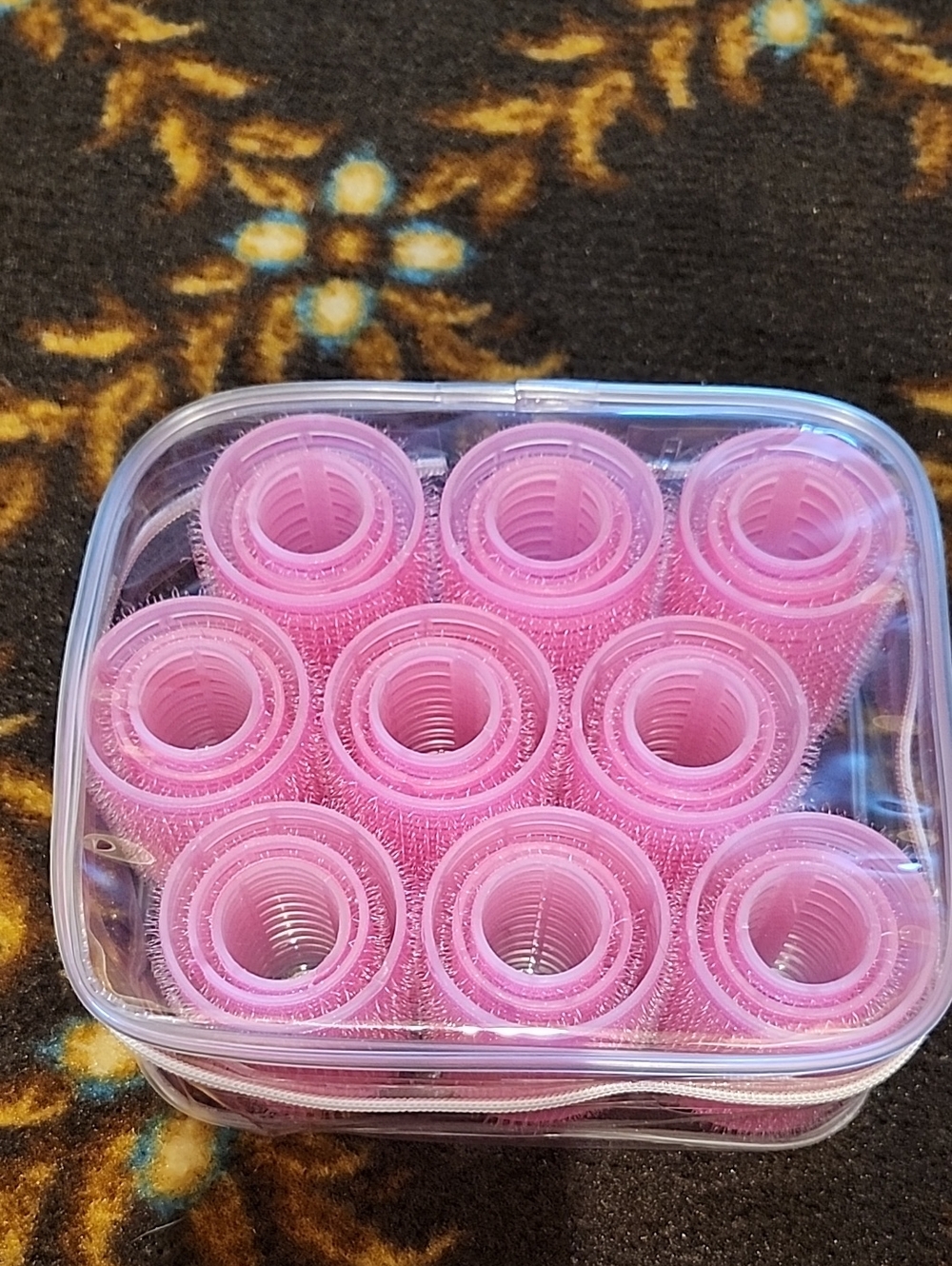 Set of Pink Hook-and-Loop Hair Rollers in Clear Case